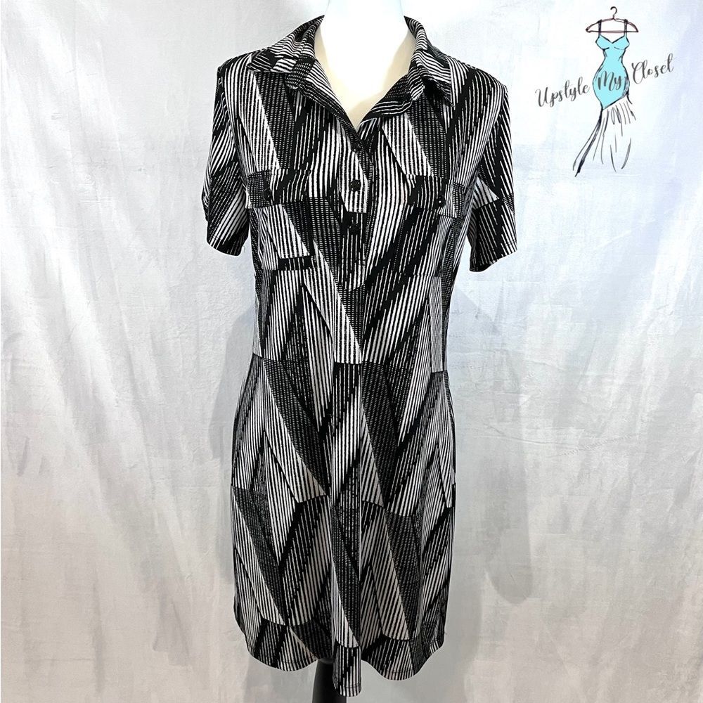 Enfocus studio black and white geometric diamond print shirt dress size 12